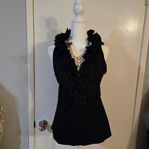 BCBGMAXAZRIA Sleeveless Ruffled Front Cotton Blend Tank Black Top Size:Large